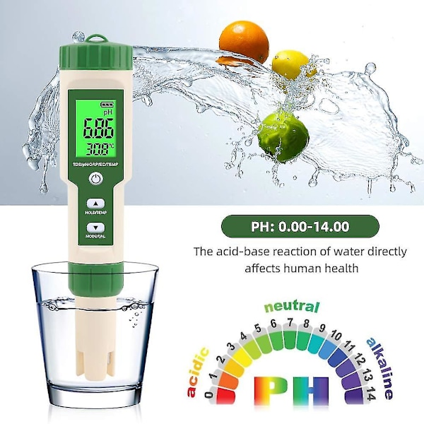5-i-1 pH/TDS/EC/ORP/Temperaturmätare Digital Vattenkvalitetstestare för Pool, Dricksvatten