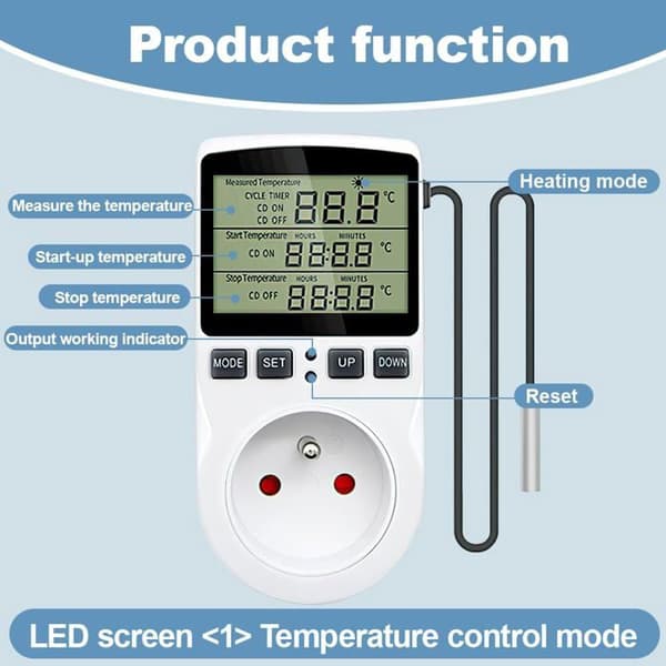 Termostatstik, Digital Temperaturregulator, 230V Programmerbart Digitalt Stik med LCD-skærm og Probe, Terrarium Termostat