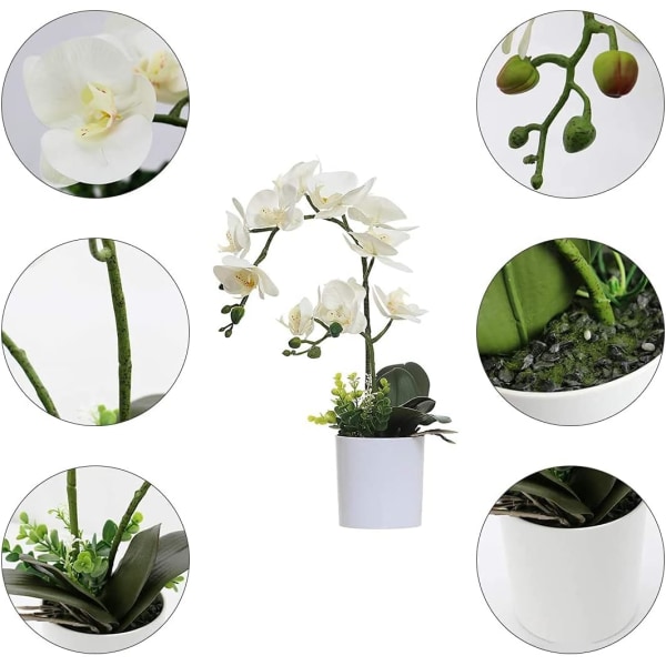 Vita konstgjorda orkidéblommor i kruka, konstgjorda orkidéer, konstgjorda orkidéblommor för hemmakontor, badrumsdekoration.