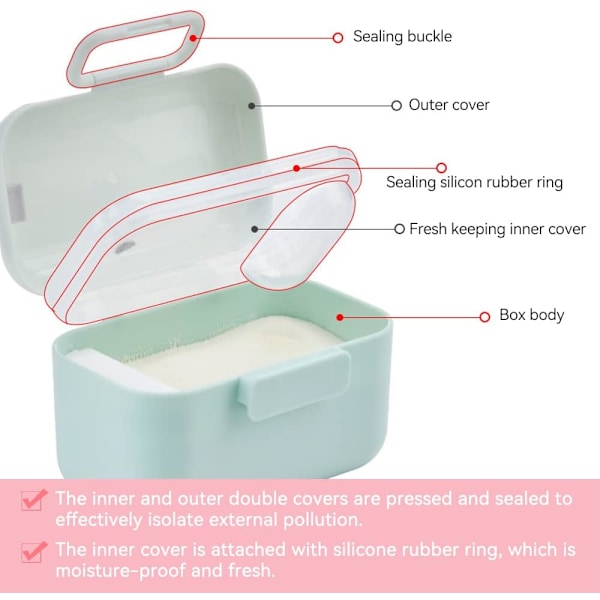 One Touch Formula Pulverbeholdere, Mælkepulver Dispenserbeholder, med forseglet silikonespændering, nivelleringsstang og ske, til rejseformulering, 450ML green