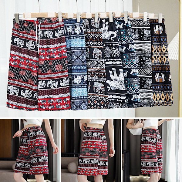 Shorts Etnisk Stil Baggy Strandbyxor Högmidjade Elefanttryck 7 Onesize