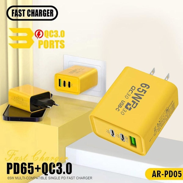 65W USB C Laddare Snabbladdning EU-kontakt PD USB-C Typ-C Snabb Ladd yelllowB EU PLUG