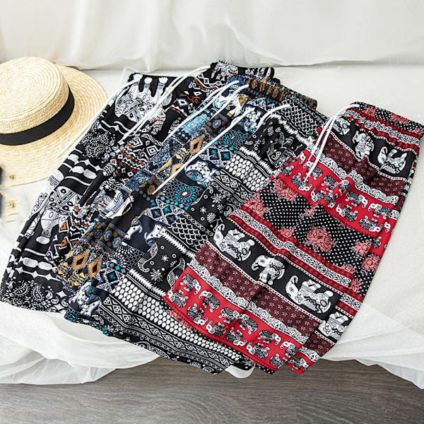 Shorts Etnisk Stil Baggy Strandbyxor Högmidjade Elefanttryck 2 Onesize