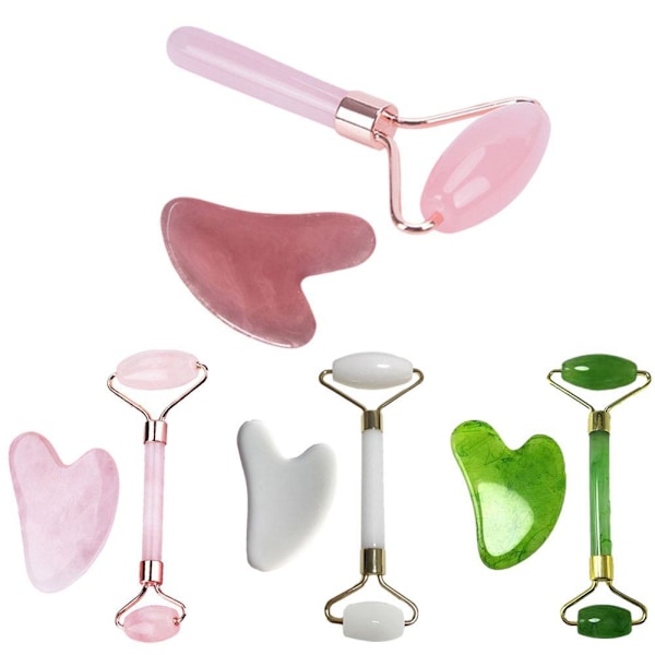 Jade Roller & Gua Sha Ansikte Kropp Terapi Massager Sten Set white 2pcs