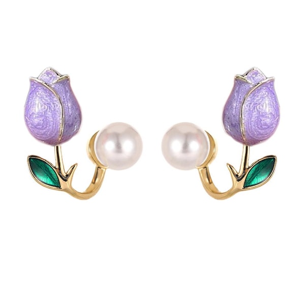 Tulip Pearl Stud Earring, Rosa Lila Blomster Örhängen för Kvinnor Rose Red One size