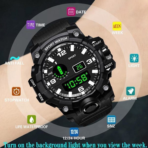 Digital Elektronisk Klocka för Barn Vattentät Pojkar Sport LED Black One size