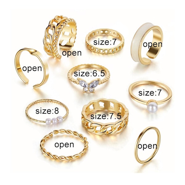 Fashion Butterfly Crystal Pearl Rings Set Women Finger Rings Adj B One size