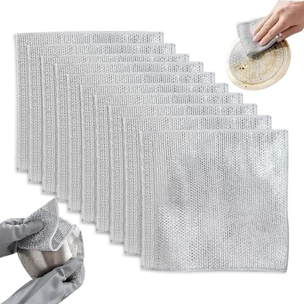 Dubbel rostfri skrubb, tråddisktrasor nät 2024 Silver wire + sponge ragB 10pcs
