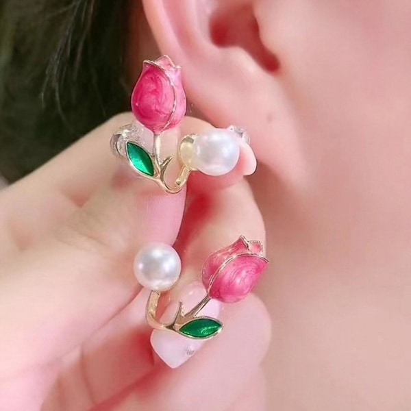 Tulip Pearl Stud Earring, Rosa Lila Blomster Örhängen för Kvinnor Rose Red One size