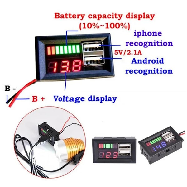 Bly-syra litiumbatteri BMS Kapacitetsindikator Voltmeter U 12.6V 3SA RED