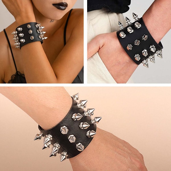 Punk Gotisk Överdrivet Läderarmband Tre Rader Spetsiga Nitar B