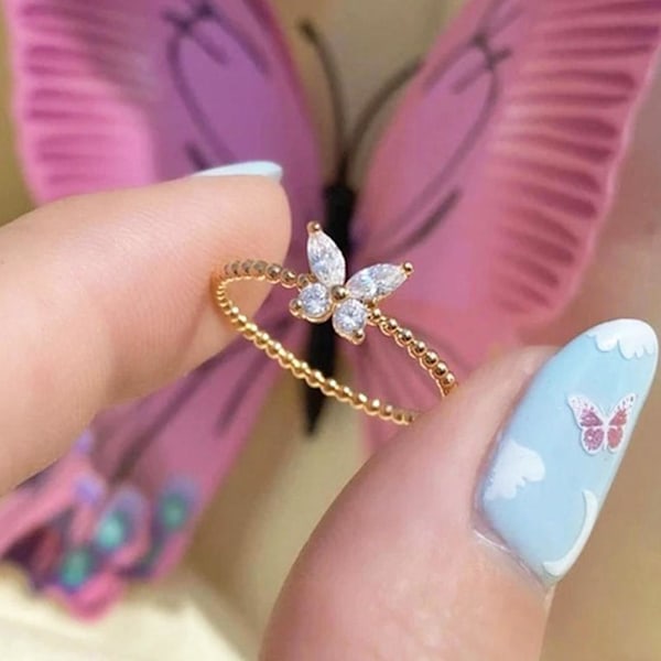 Fashion Butterfly Crystal Pearl Rings Set Women Finger Rings Adj B One size