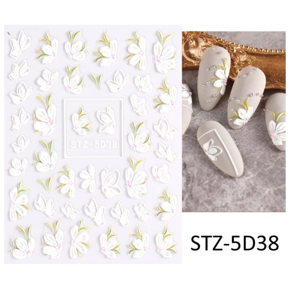 5D präglade vårblommor Nail Art Stickers Dekaler 4 ark