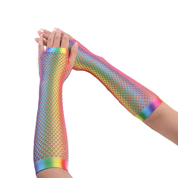 Fingerless Mesh Handskar För Kvinnor 80-tal Lång Mesh Mesh Gradient Rainbow Vantar