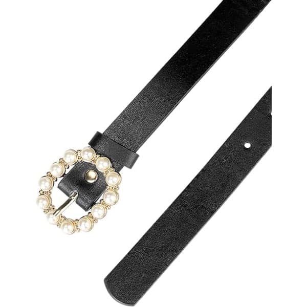 Svart dam pärlor midjeband Skinny läder justerbart stift spänne