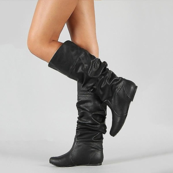 Kvinnors konstläder Platta Mid Calf Slouch Boots Wide Leg Shoes Black 40