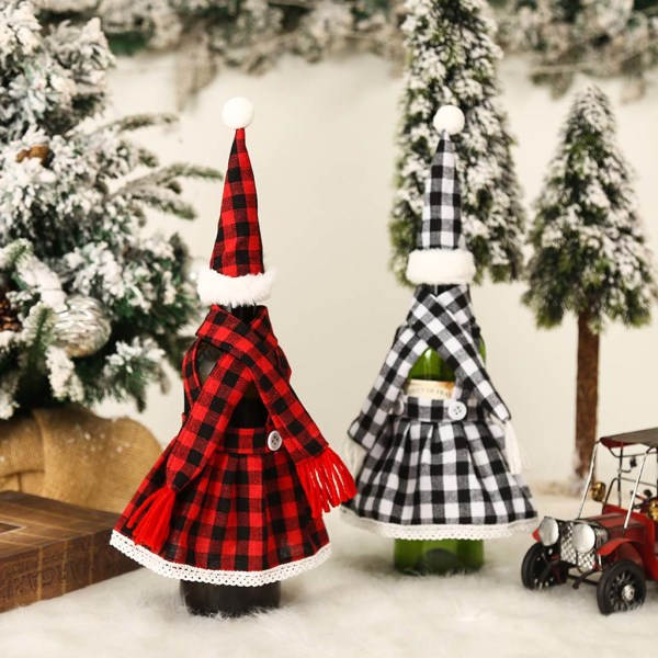 Jul för kreativa cover Rolig minirutig kjol Halsduk Tomteluva Champagneförpackningspåse Ärmlindning Deco null - Red black grid