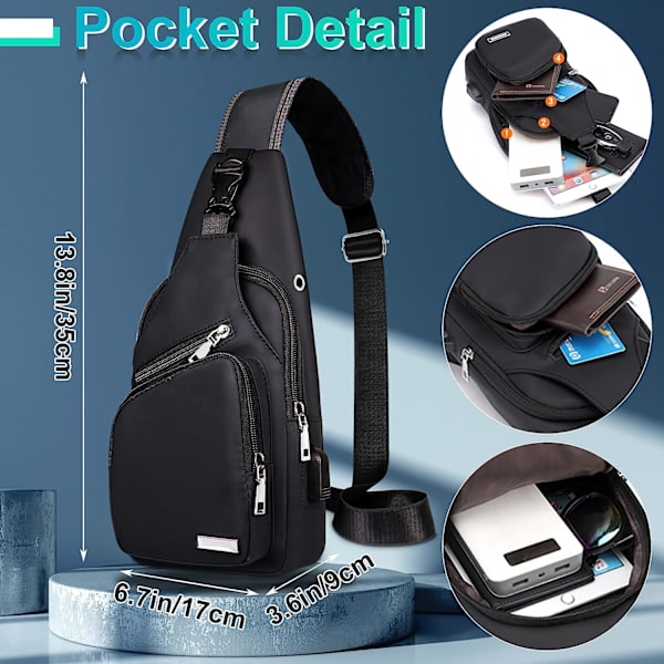 Slingväska för kvinnor Crossbody-väska för män, Bröstväska med USB laddningsport för vandring