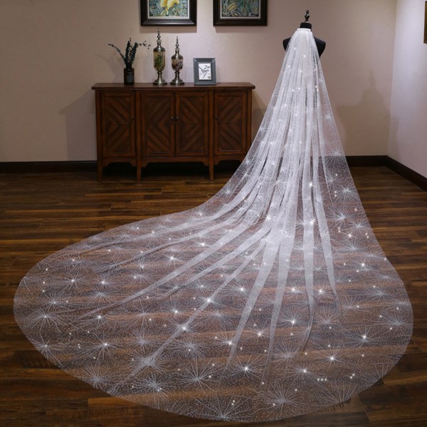 för 3M Single Layer Women's White Trailing Long Wedding Veil Seashell Spray Glitter R