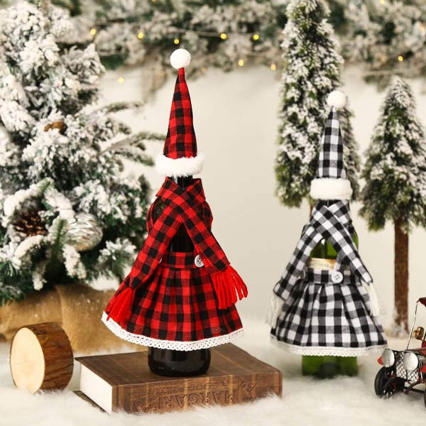 Jul för kreativa cover Rolig minirutig kjol Halsduk Tomteluva Champagneförpackningspåse Ärmlindning Deco null - Red black grid
