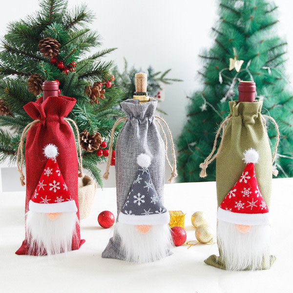 1st Grå jul Set Linne Ansiktslös gammal man Skogsman Vinflaskpåse Rödvinspåse Set Smycken