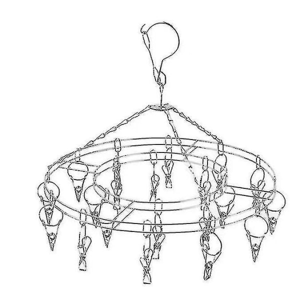 Runt hängande torkställ i rostfritt stål med 20 clips för torkning av strumpor