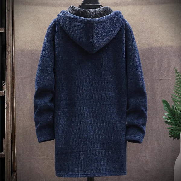 Män Huva Fleece Fodrad Vinterkappa Varm lång tröja Jacka Ytterkläder Navy Blue 3XL