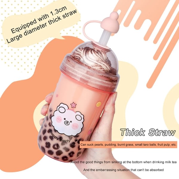 Bubble Tea Cup, 560ml återanvändbara drickskoppar med lock och sugrör, rosa