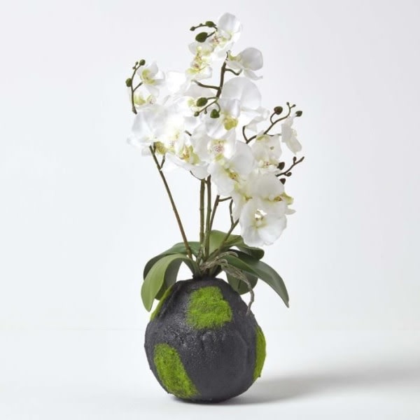 Stor vit konstgjord orkidé i mosseffektkula 60 cm