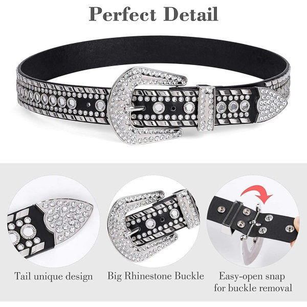 Strassbälte för kvinnor, Western Cowgirl Bling dubbat läderbälte för jeansbyxor Svart