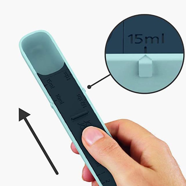 Justerbar måttsked, mäter från 1 ml till 15 ml och från 1/4 tsk till 1 msk, blå
