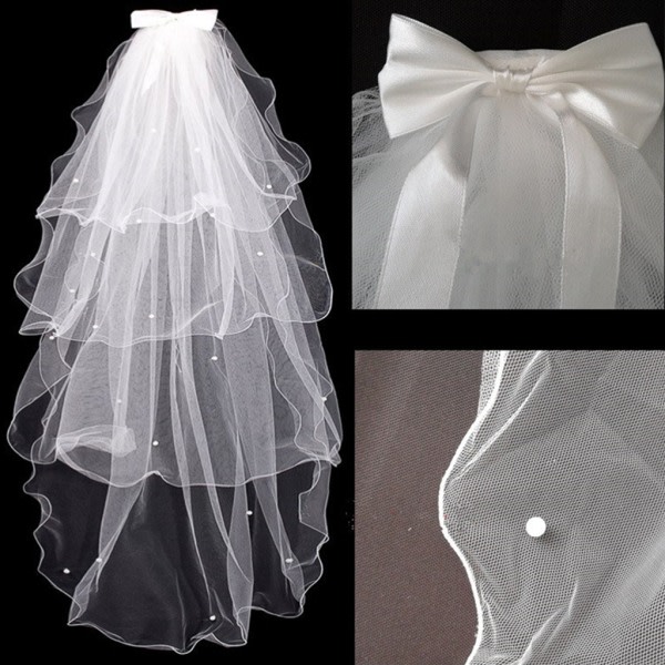Tyll Bröllopsklänning Veils White Bowknot Bridal Multi Hair Veil Comb Faux P