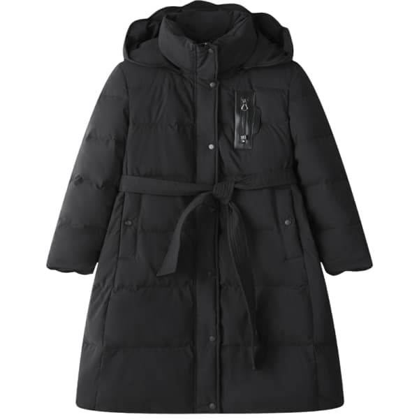 Kvinnor Hooded Långt midja bälte Design Down Coat Vinterjacka Black S