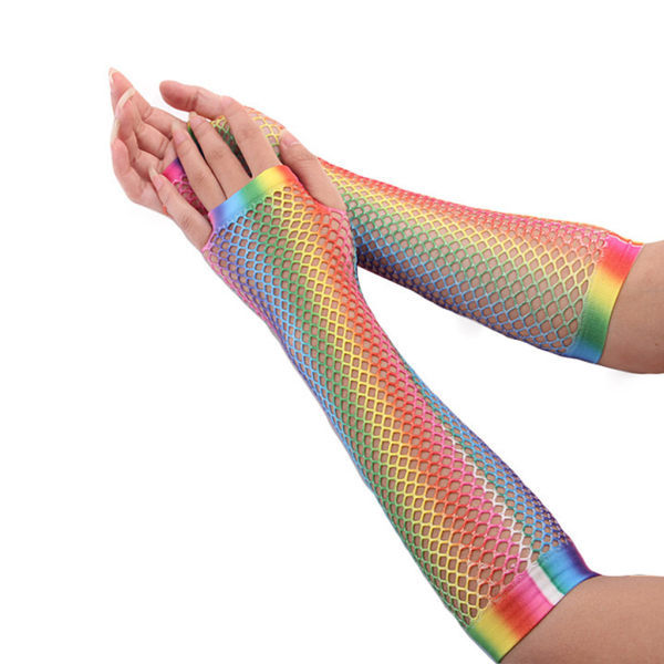 Fingerless Mesh Handskar För Kvinnor 80-tal Lång Mesh Mesh Gradient Rainbow Vantar