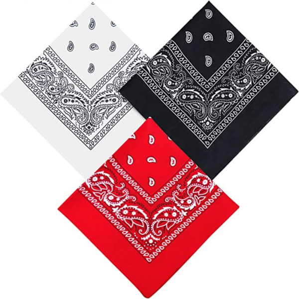 Set med 3 bandana huvudsjal, fyrkantig halsduk-röd, vit, svart