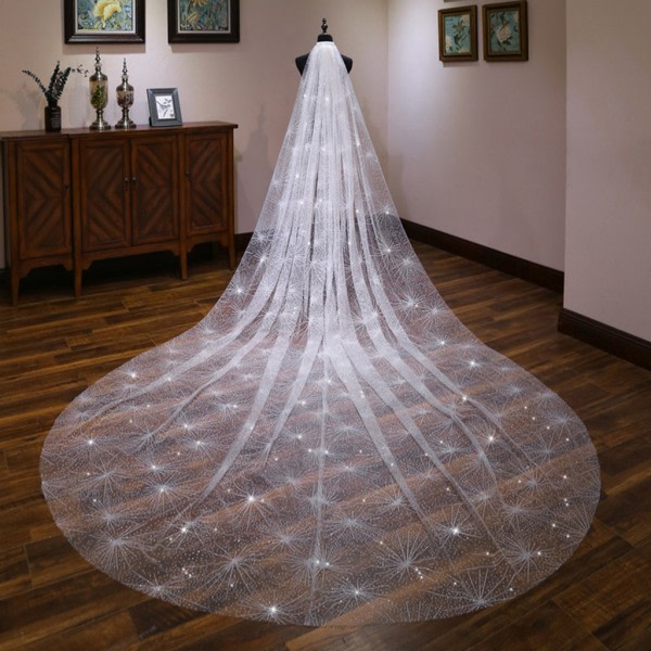 för 3M Single Layer Women's White Trailing Long Wedding Veil Seashell Spray Glitter R