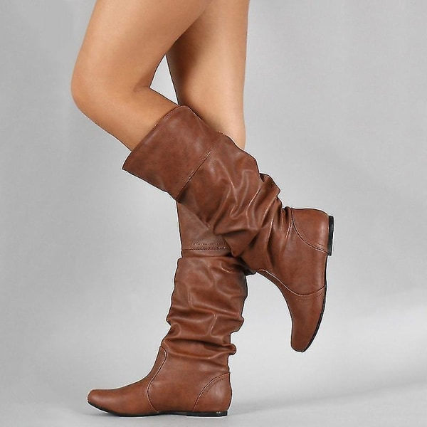 Kvinnors konstläder Platta Mid Calf Slouch Boots Breda Ben Skor Brun 40