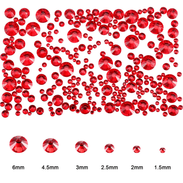 2000 stycken ädelstenar med platt rygg 6 storlekar (röd)
