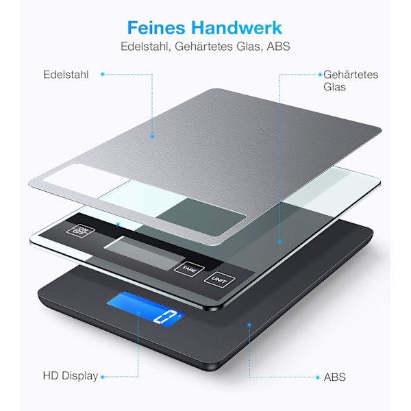 Grå digital köksvåg, elektronisk hushållsvåg, vägningsyta i rostfritt stål Gramnoggrannhet