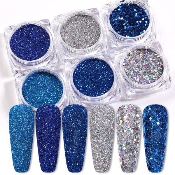 6st nagelglitter glitter, Nageldekorationer flerfärgad Blå