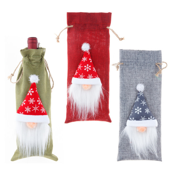 1st Grå jul Set Linne Ansiktslös gammal man Skogsman Vinflaskpåse Rödvinspåse Set Smycken