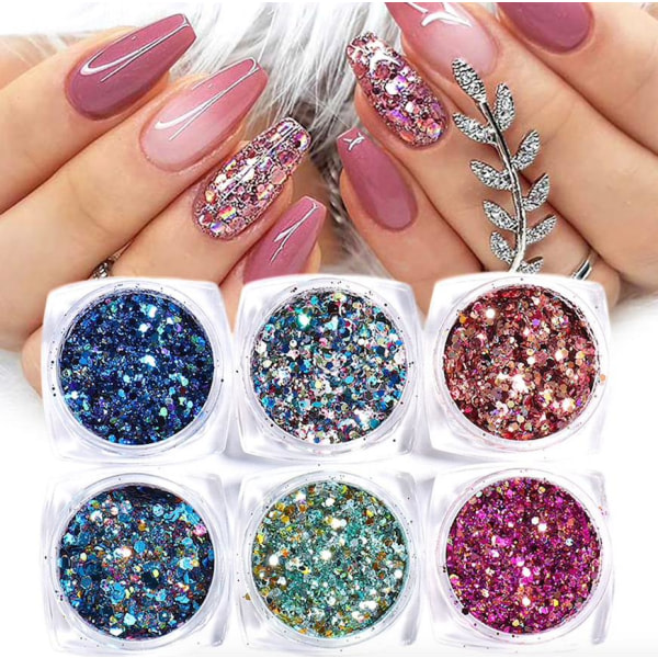 6st nagelglitter glitter, Nageldekorationer flerfärgad