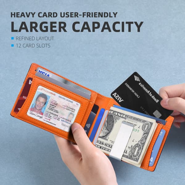 Case 100% läder in- och utsida, stöldskyddsborste rfid Black+Orange