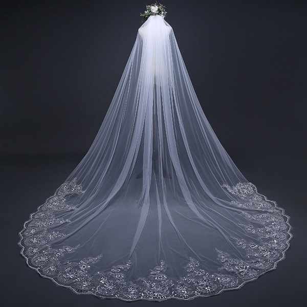 4M Single Layer Women Trailing Cathedral Lång Bröllopsslöja Broderad Blomma Spets
