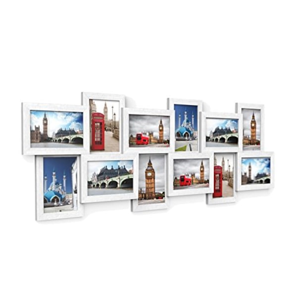 Songmics fotoram collage för 12 foton i 4" x 6" Tavelram väggmonterad, vit trä ådring