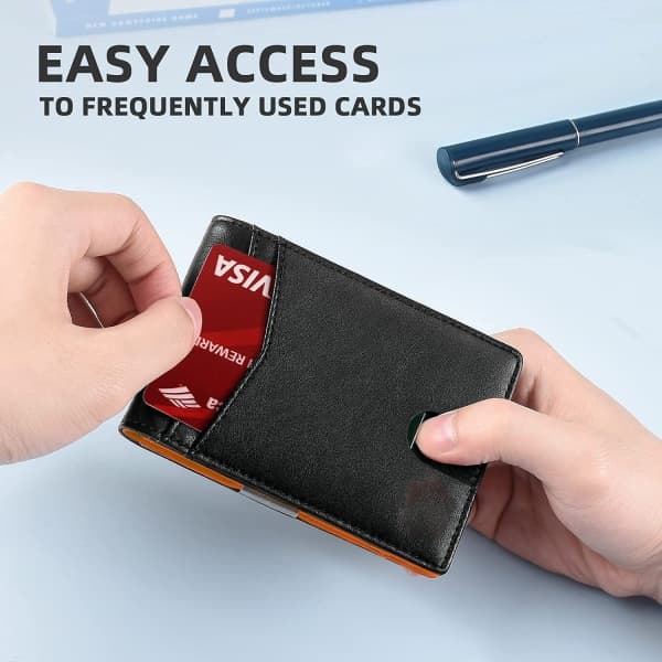 Case 100% läder in- och utsida, stöldskyddsborste rfid Black+Orange