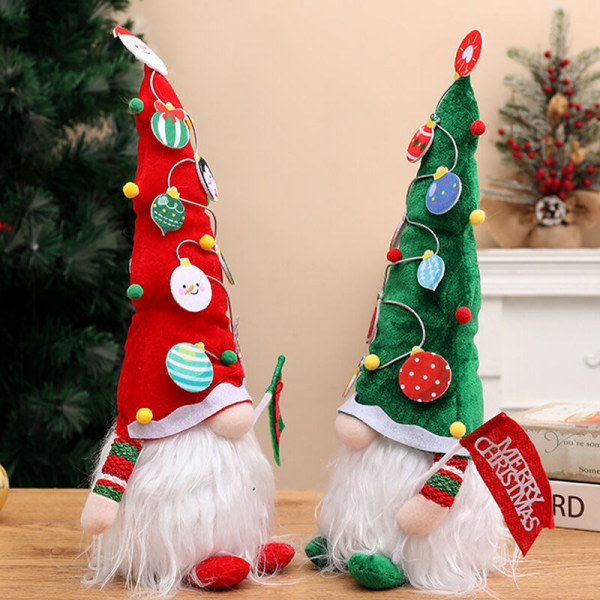 Christmas Plysch Santa Claus Doll Gnome med LED-ljus Christmas Elf Christmas Plysch Ansiktslös docka Dekoration (grön hatt)