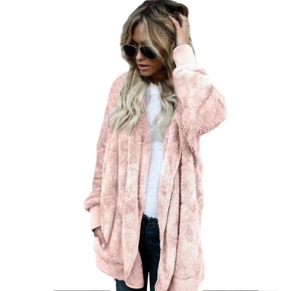 Kvinnor Teddy Bear Fluffy Fleece Huvjacka Jacka Ytterkläder Pink M