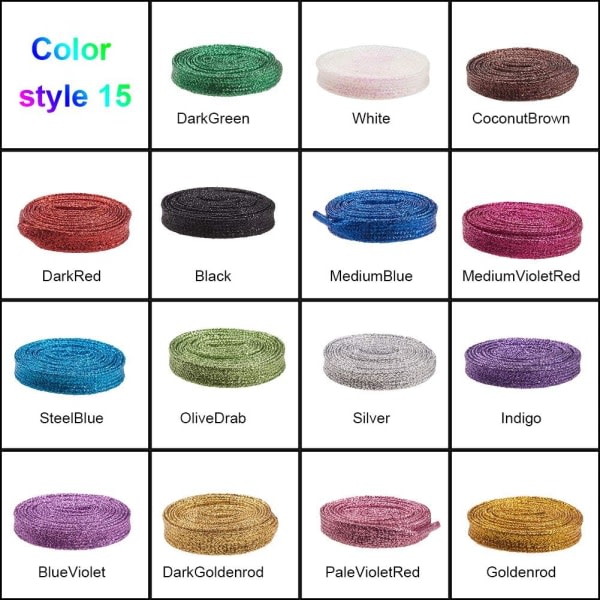 15 par 15 färger Glitter skosnöre Platt polyester skosnöre