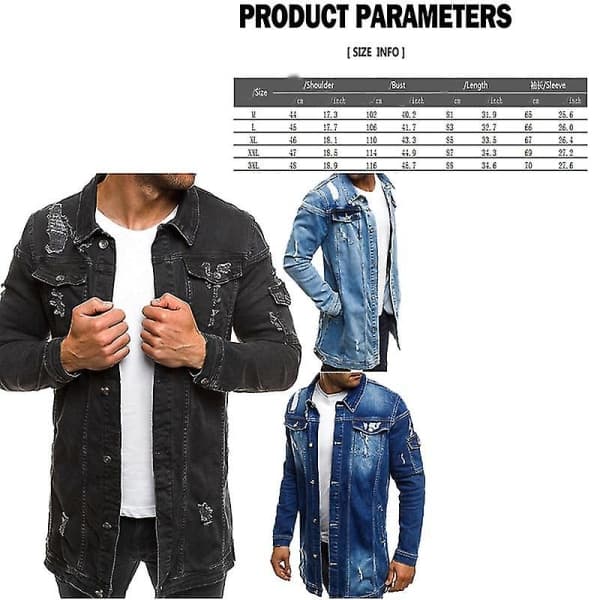 Jeansjacka Lång jeansjacka för män Moderiktig jacka för vår och höst BLACK XL